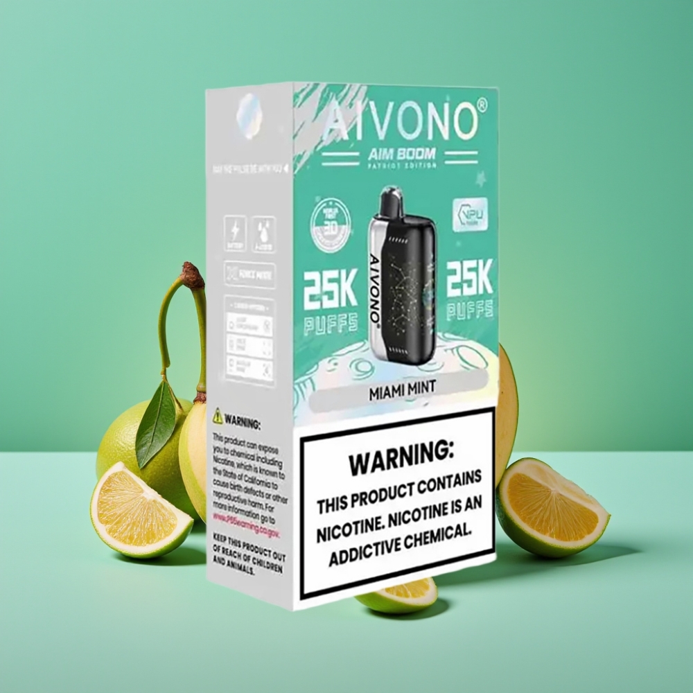 Aivono AIM BOOM 25000 Puffs Vape Jetable Menthe de Miami – 28ml E-Liquide, 650mAh, 1,2 ohm Mesh Coil, Type-C