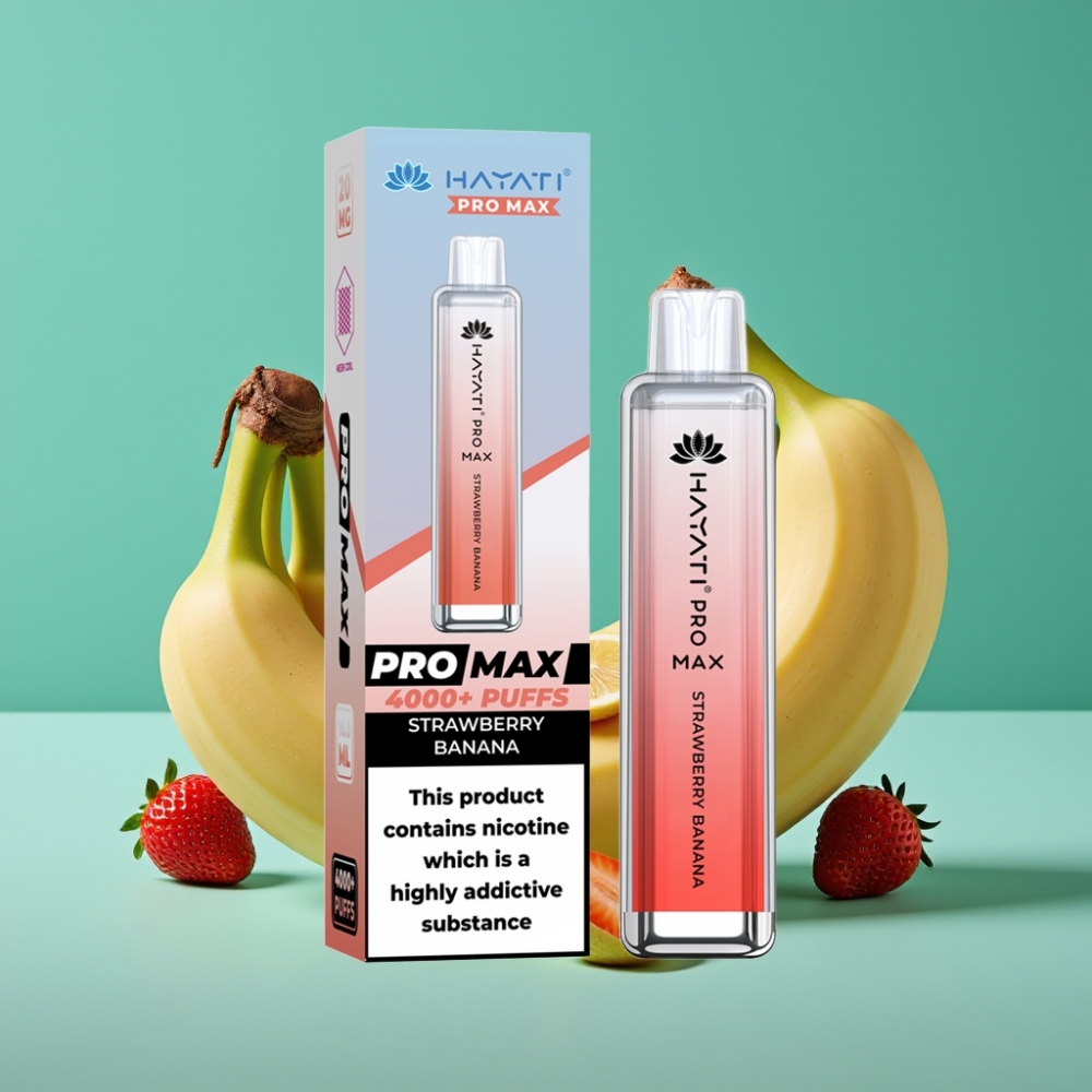 Hayati Pro Max 4000 Puffs Rechargeable Crystal Vape Jetable Fraise Banane avec LED et Batterie 1400mAh - 2ml/10ml (2%, 5% Nicotine)