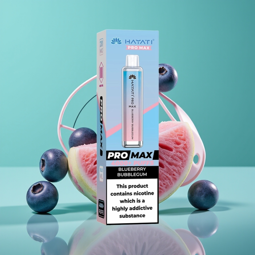 Hayati Pro Max 4000 Puffs Rechargeable Vape Jetable Bubblegum Myrtille avec LED et Coil Double Mesh 1.1 Ohm, 1400mAh, TPD-Conforme