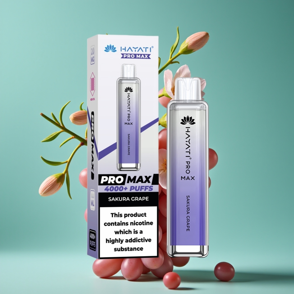 Hayati Pro Max 4000 Puffs Vape Jetable Sakura Raisin avec LED, Batterie Rechargeable 1400mAh et Résistance Double Mesh 1.1 Ohm