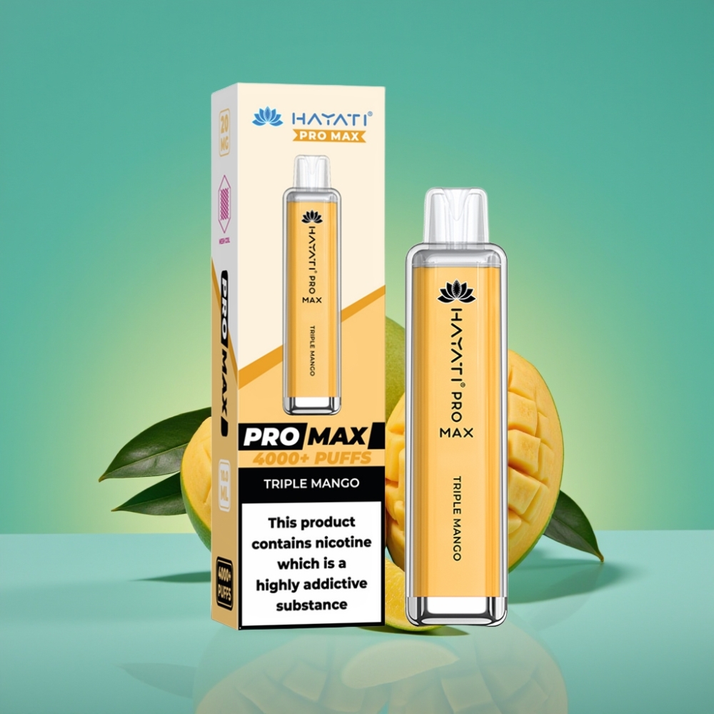 Hayati Pro Max 4000 Puffs Vape Jetable Triple Mangue – Double Mesh 1.1 Ohm, Batterie 1400mAh Rechargeable, LED Cristal, Conforme TPD