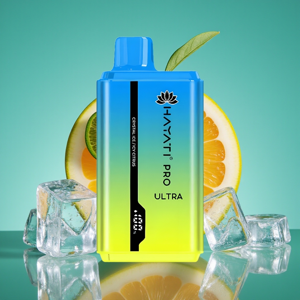 Hayati Pro Ultra 15000 Puffs - E-Liquide 2×12ml, Batterie 850mAh, 2% Nicotine, Saveur Agrumes Glacés Cristal