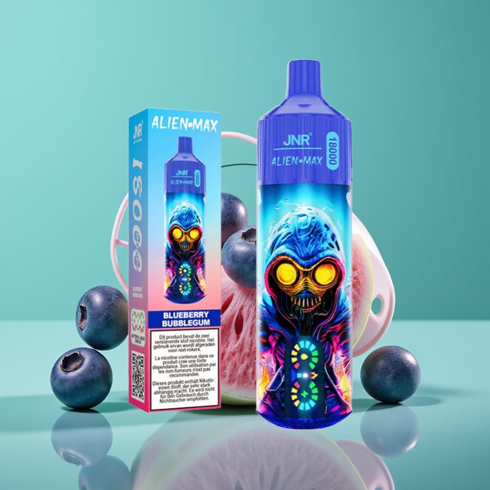JNR Alien Max 18000 Puffs – 28ml E-liquide, Double Mesh Coil, Ecran LED Intelligent, Charge Rapide Type-C, Saveur Bubblegum Myrtille
