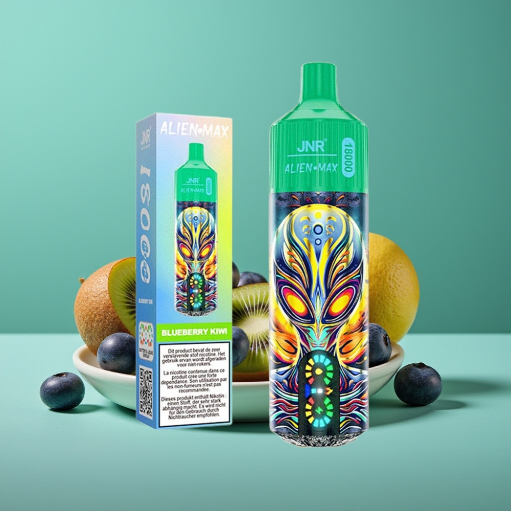 JNR Alien Max 18000 Puffs – Double Mesh & Double Cœur, Écran LED Intelligent, 28ml E-liquide, Charge Rapide Type-C, Myrtille-Kiwi