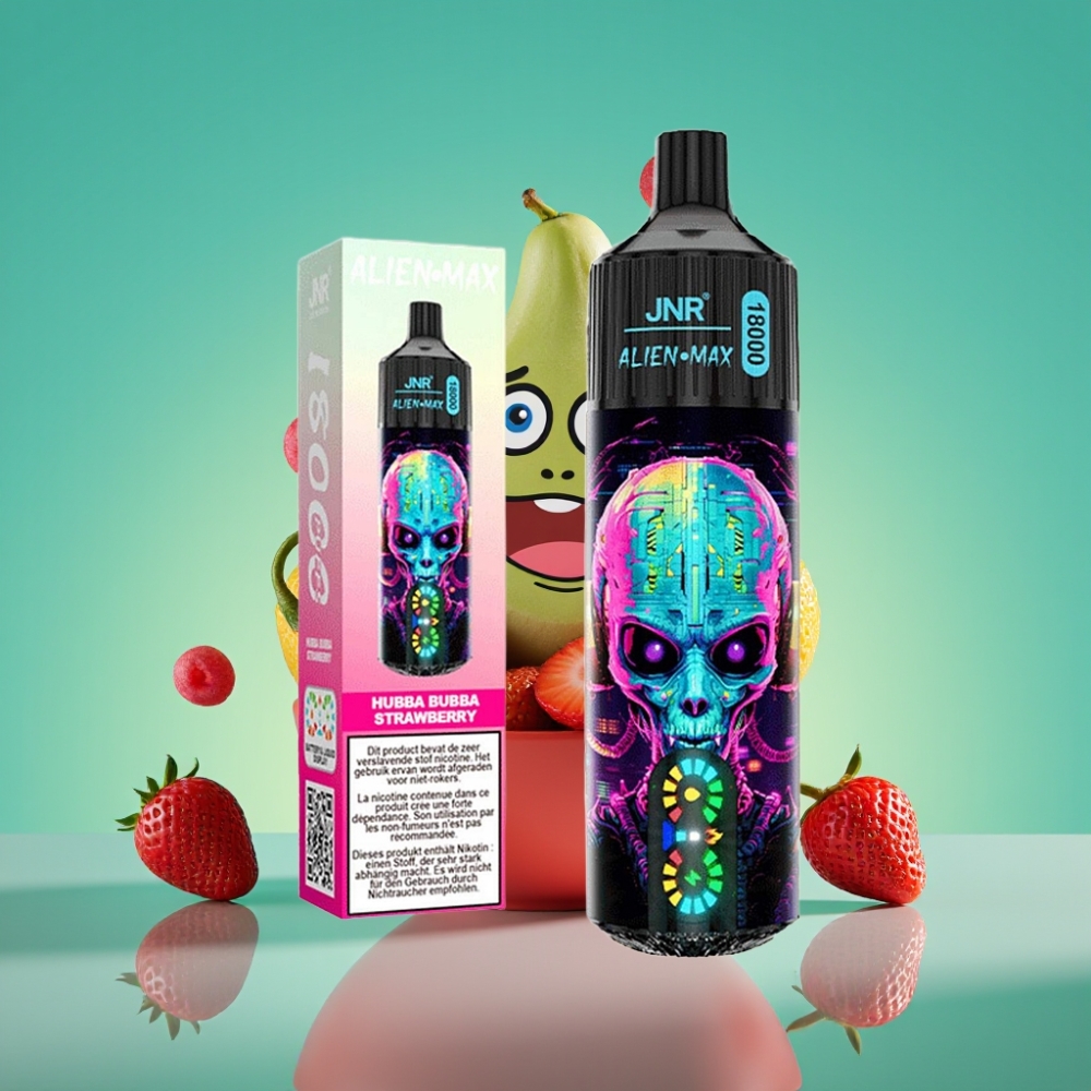 JNR Alien Max 18000 Puffs Vape Jetable Fraise Bubble Gum – Écran LED Intelligent, Double Mesh Coil, 28ml E-liquide, Charge Rapide Type-C