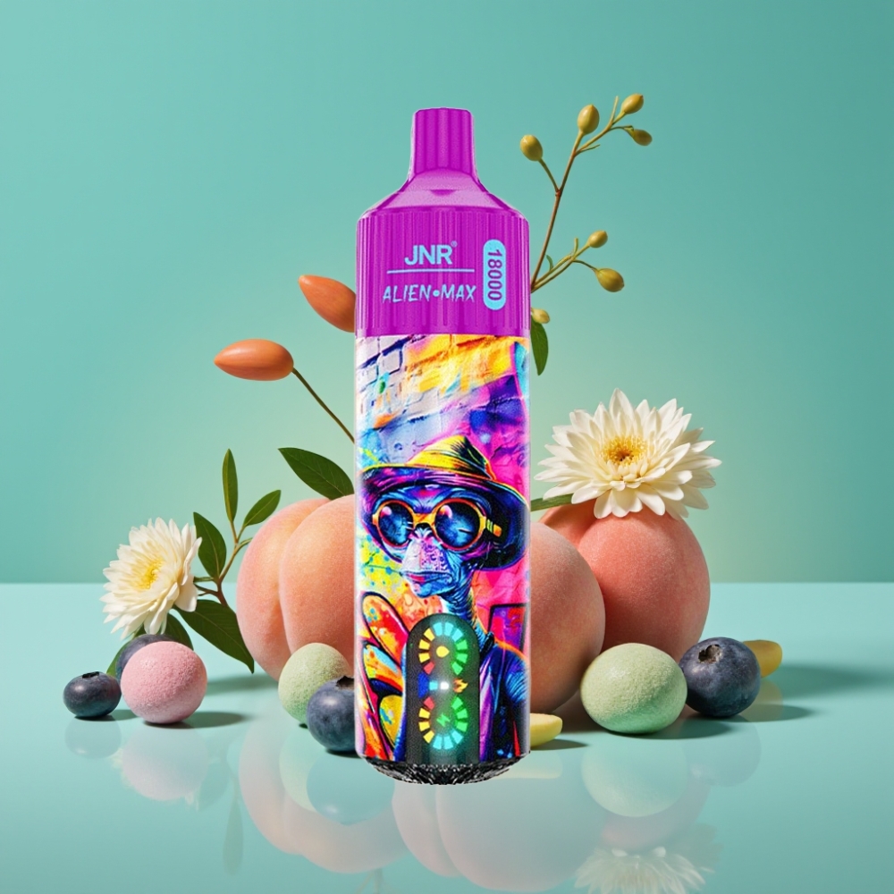 JNR Alien Max 18000 Puffs – Écran LED Intelligent, Double Mesh Coil, 28ml E-liquide, 20 Saveurs (Pêche Myrtille Bonbon), Recharge Type-C, 850mAh