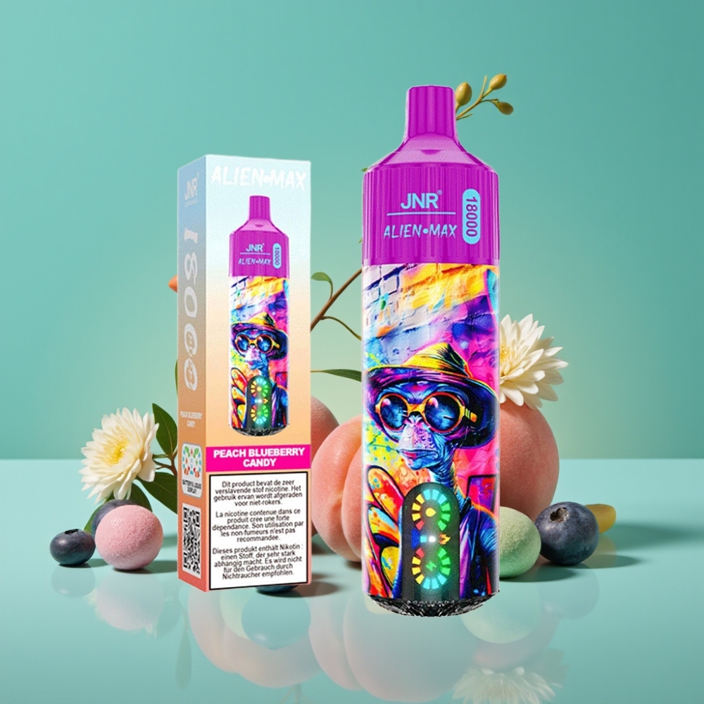 JNR Alien Max 18000 Puffs – Écran LED Intelligent, Double Mesh Coil, 28ml E-liquide, 20 Saveurs (Pêche Myrtille Bonbon), Recharge Type-C, 850mAh