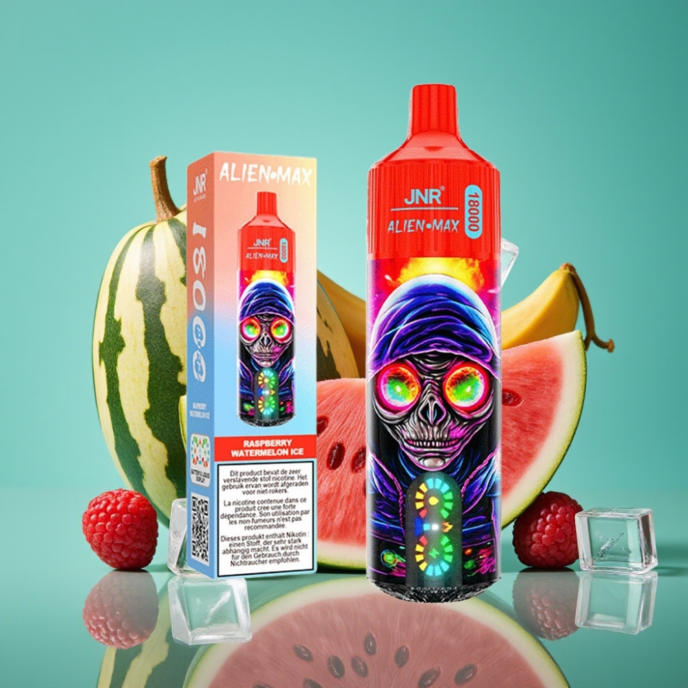 JNR Alien Max 18000 Puffs – Écran LED Intelligent, Double Mesh Coil & Double Core, 28ml E-liquide, Framboise Pastèque Glacée, 0%/2%/3%/5% Nicotine