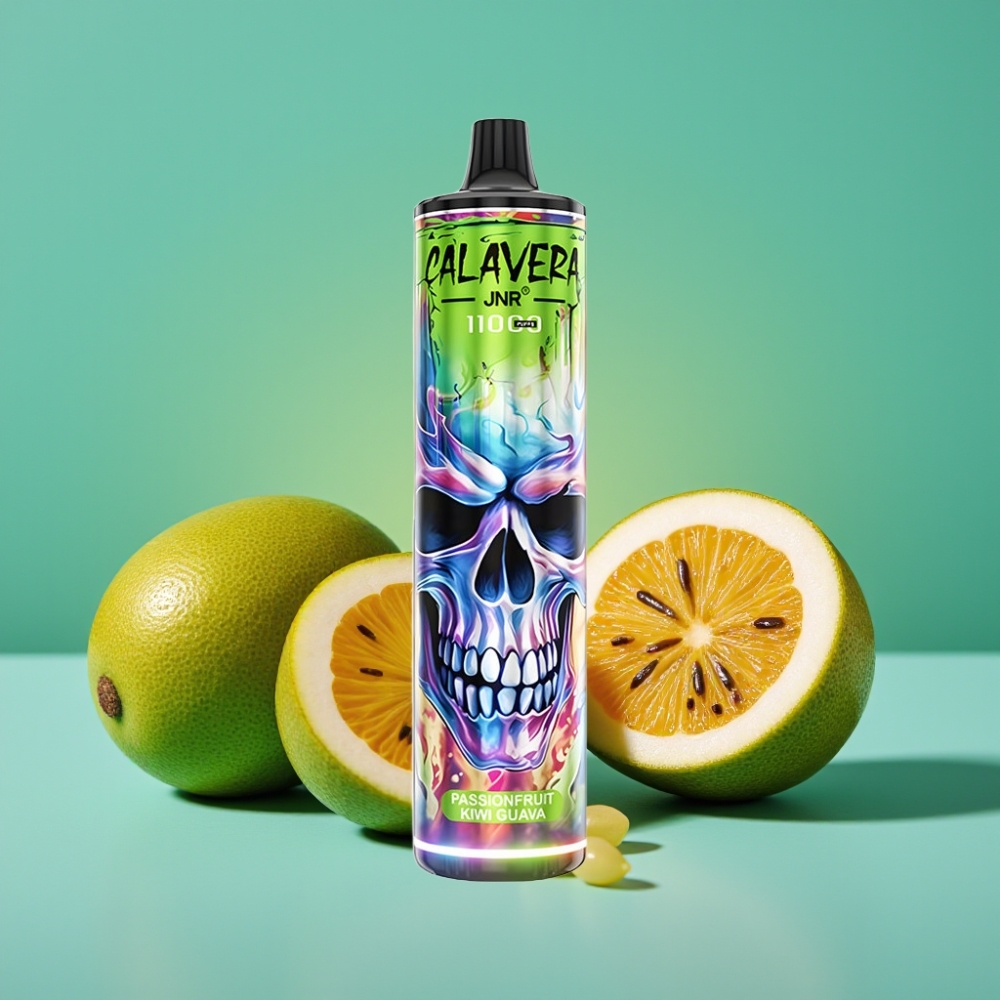 JNR Calavera 11000 Puffs Vape Jetable Fruit de la Passion Kiwi Goyave avec Port Type-C, Batterie 850 mAh et E-Liquide 21ml