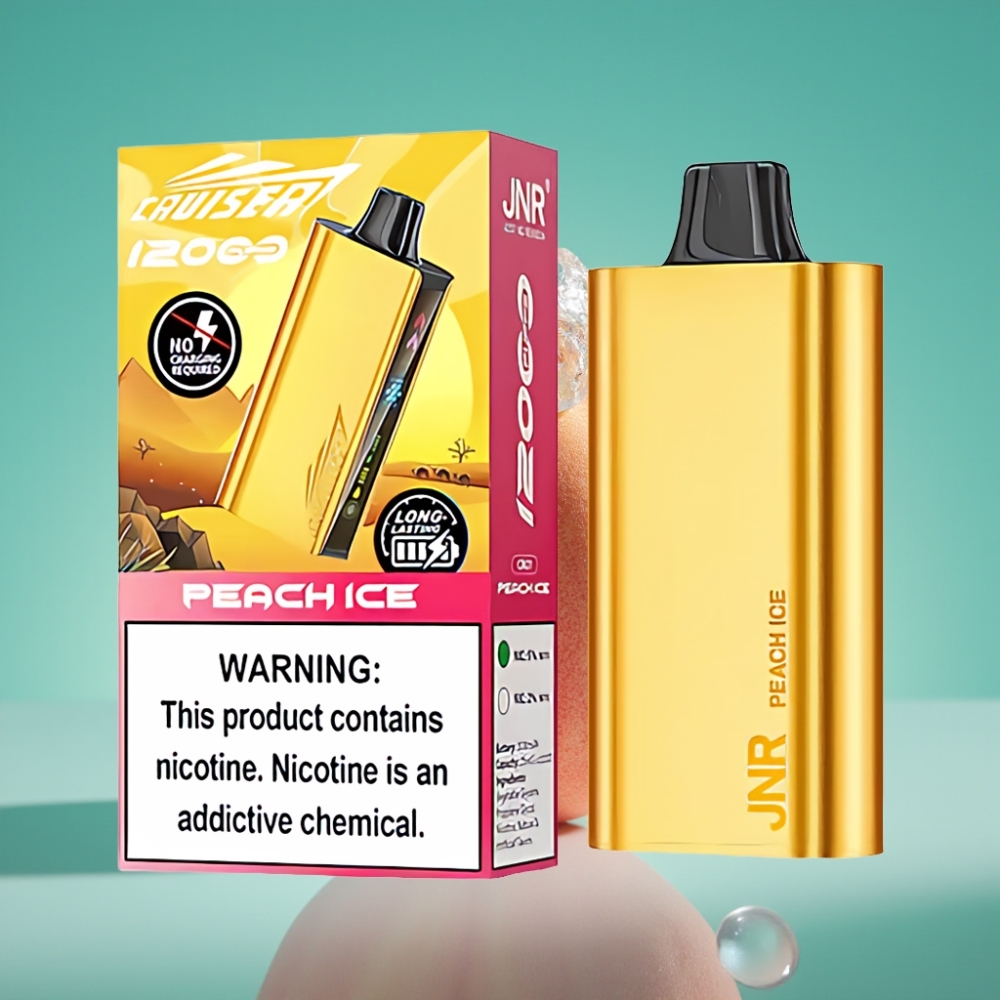 JNR Cruiser 12000 Puffs No-Charge Vape Jetable Pêche Glacée - 3500 mAh, 25ml E-liquide, Boîtier Aluminium, Double Mesh 1.2ohm, Écran Animé
