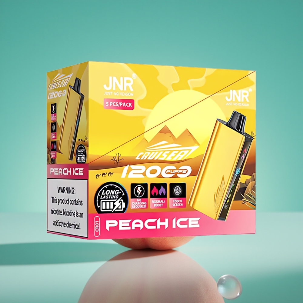 JNR Cruiser 12000 Puffs No-Charge Vape Jetable Pêche Glacée - 3500 mAh, 25ml E-liquide, Boîtier Aluminium, Double Mesh 1.2ohm, Écran Animé