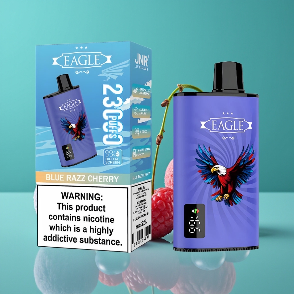 JNR EAGLE Smart 23000 Puffs Vape Jetable - Écran Digital, Bobine Mesh 1.0ohm, Flux d\'Air Réglable, Batterie 750mAh, Port Type-C, 25ml - Bleu Framboise Cerise