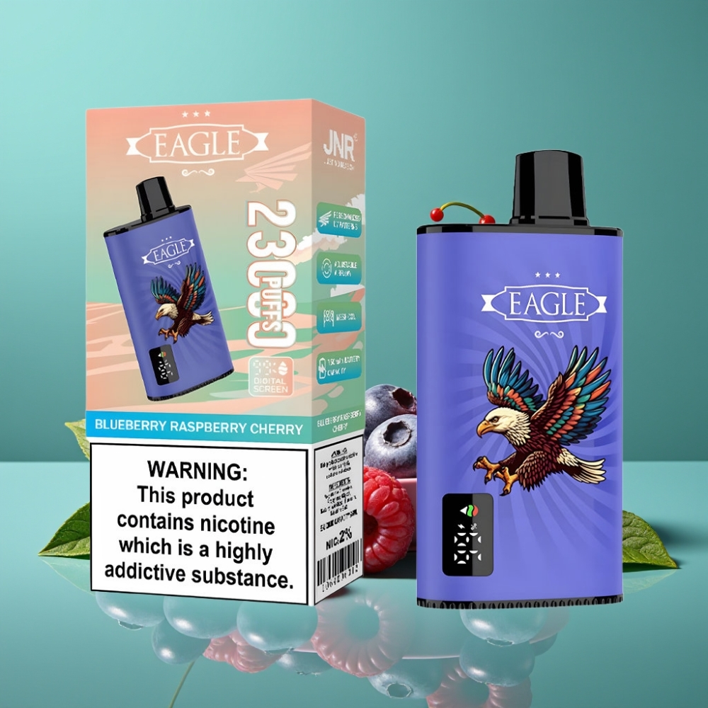 JNR EAGLE Smart 23000 Puffs Vape Jetable - Écran Digital, Bobine Mesh 1.0ohm, Flux d\'Air Réglable, Type-C, Myrtille Framboise Cerise