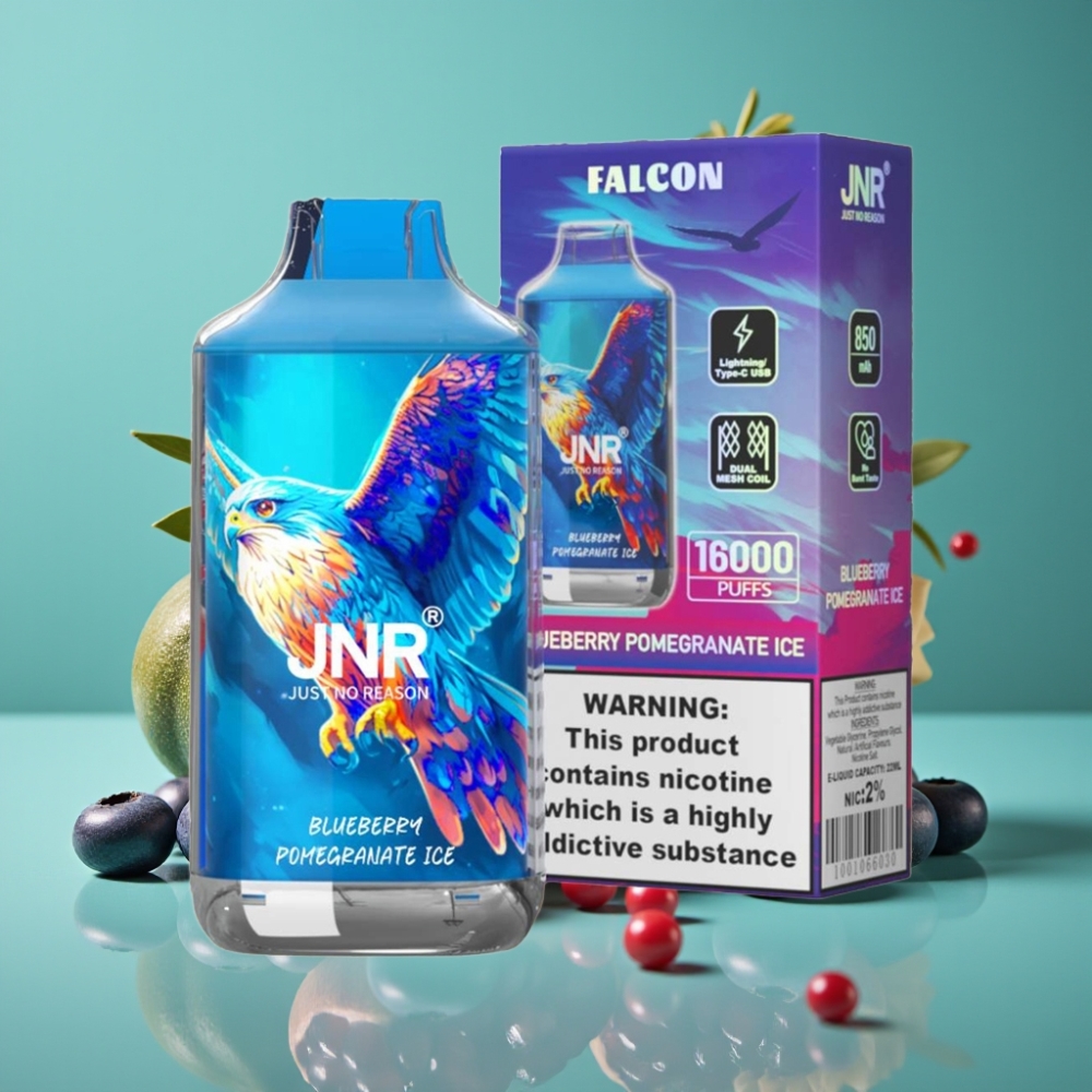 JNR Falcon 16000 Puffs – 850 mAh – 22ml – Double Mesh Coil – Type C & Lightning – Affichage LED – Myrtille Grenade Glacée – 0%,2% Nicotine