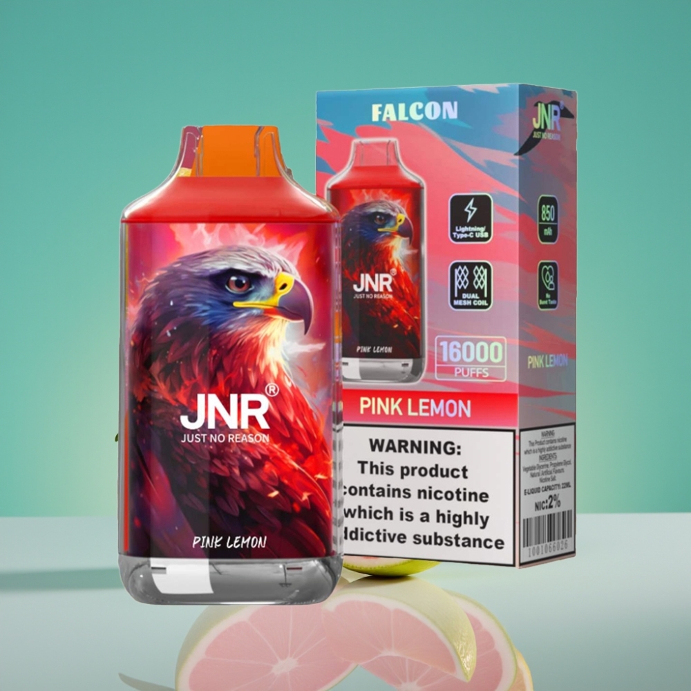 JNR Falcon 16000 Puffs Citron Rose Électronique Disposable – Double Bobine Mesh, 22ml, 850 mAh, Affichage LED Intelligent, Recharge Type C/Lightning, 0%/2% Nicotine
