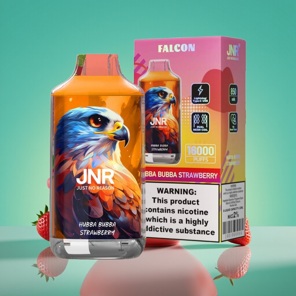 JNR Falcon 16000 Puffs – Double Méche, 22ml, Batterie 850 mAh, Affichage LED, Charge Type C/Lightning – Fraise Bubble Gum