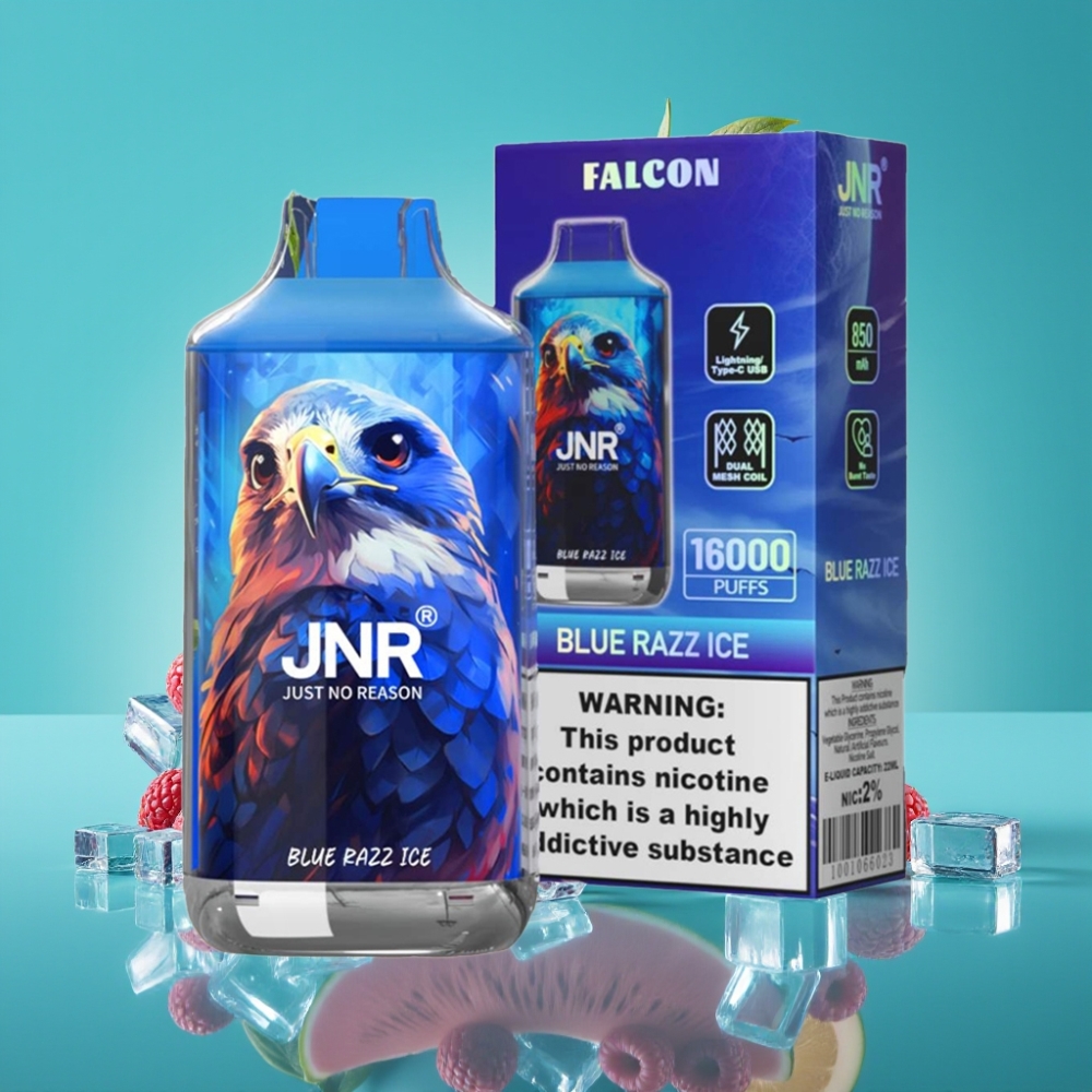 JNR Falcon 16000 Puffs - Double Mesh - 22ml - 850 mAh - Affichage LED - Type C/Lightning - Bleu Framboise Glace - 0%,2% Nicotine