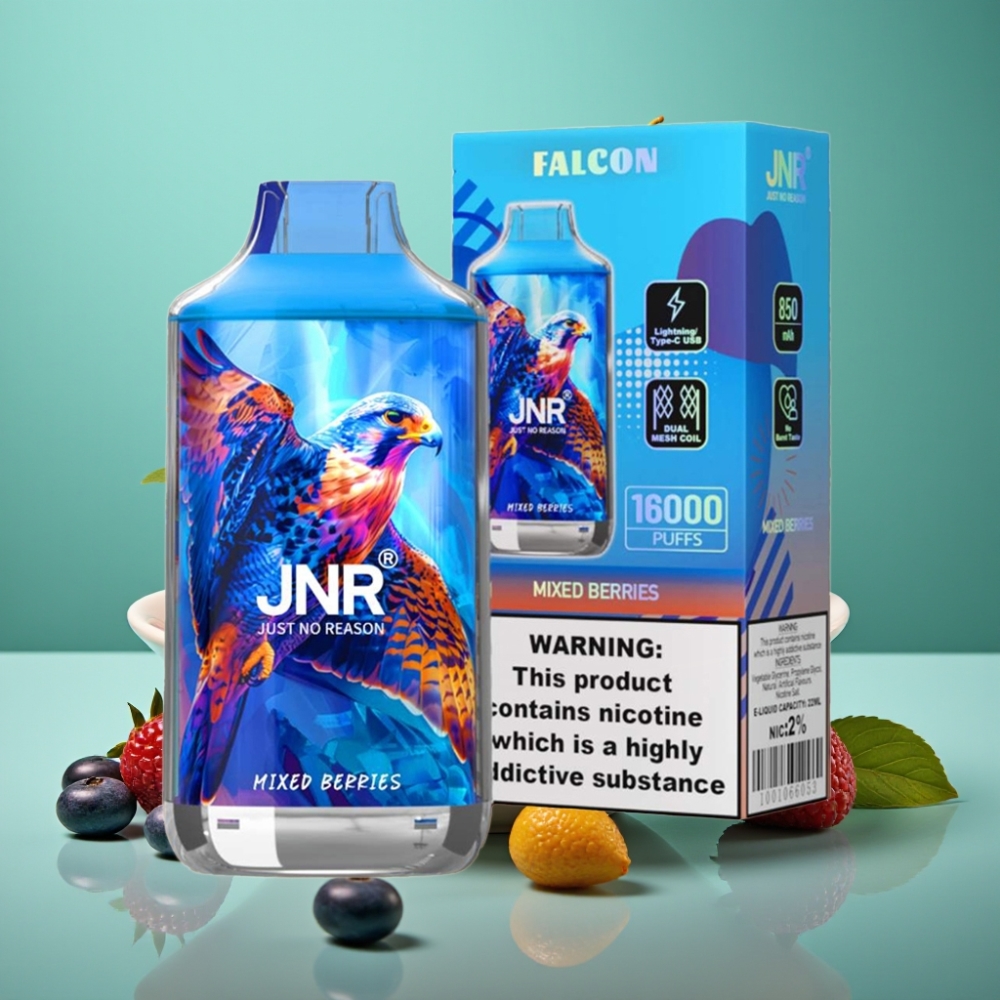 JNR Falcon 16000 Puffs – Dual Mesh Coil, 850 mAh, 22ml, Type C & Lightning, Smart LED Display, 0%/2% Nicotine, Baies Mixtes (Mixed Berries)
