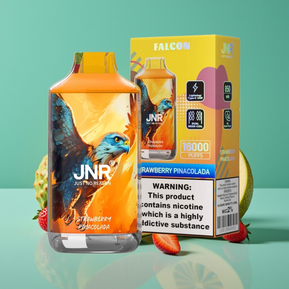 JNR Falcon 16000 Puffs – Fraise Pina Colada – 22ml/850mAh – Dual Mesh Coil – Type C/Lightning – Smart LED – 0%/2% Nicotine