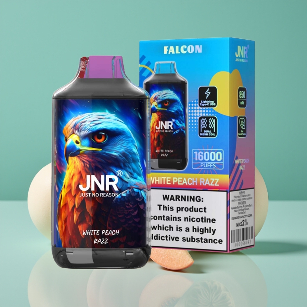 JNR Falcon 16000 Puffs Pêche Blanche Framboise Vape Jetable avec Double Mesh Coil, 22ml, 850 mAh, Affichage LED Intelligent, Recharge Type C & Lightning