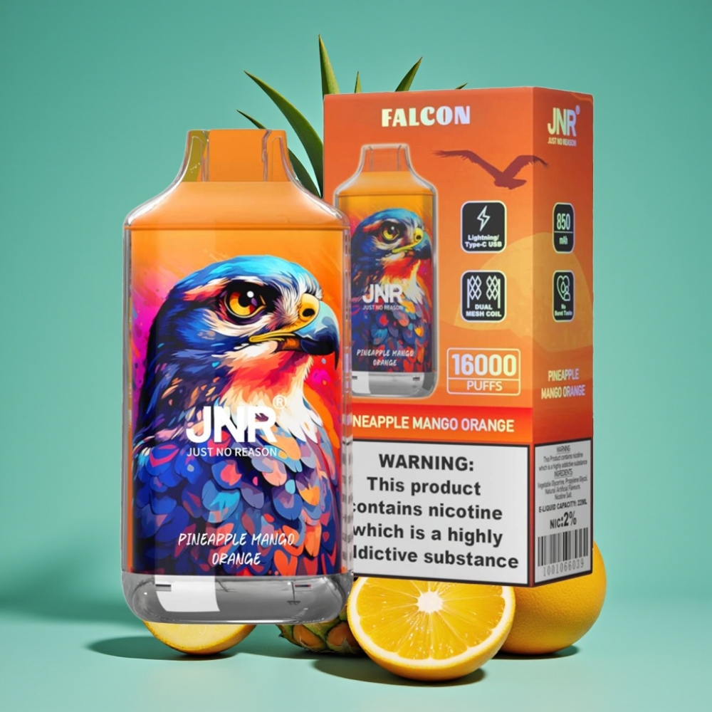 JNR Falcon 16000 Puffs Vape Disposable Ananas Mangue Orange - 22ml E-liquide, 850 mAh, Double Mesh Coil, Charge Type C & Lightning, Affichage LED Intelligent