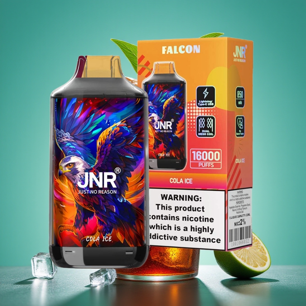 JNR Falcon 16000 Puffs Vape Disposable Cola Glacée – 22ml / 850 mAh / Double Mesh Coil / Écran LED Intelligent / Type C & Lightning