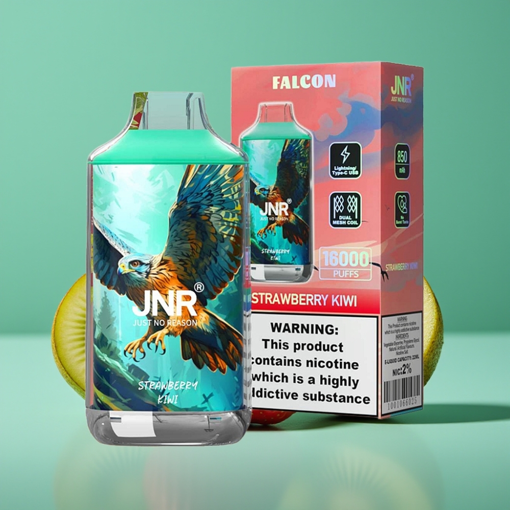 JNR Falcon 16000 Puffs Vape Disposable Fraise Kiwi - 22ml E-liquide, Double Mesh Coil, Écran LED Intelligent, 850 mAh, Recharge Type C/Lightning, 0%/2% Nicotine