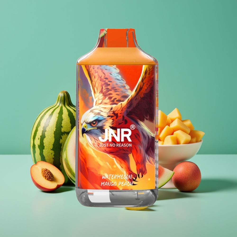 JNR Falcon 16000 Puffs Vape Disposable - Pastèque Mangue Pêche, 22ml E-liquide, 850mAh, Double Mesh Coil, Écran LED Intelligent, Recharge Type C/Lightning