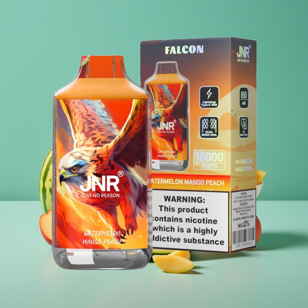 JNR Falcon 16000 Puffs Vape Disposable - Pastèque Mangue Pêche, 22ml E-liquide, 850mAh, Double Mesh Coil, Écran LED Intelligent, Recharge Type C/Lightning