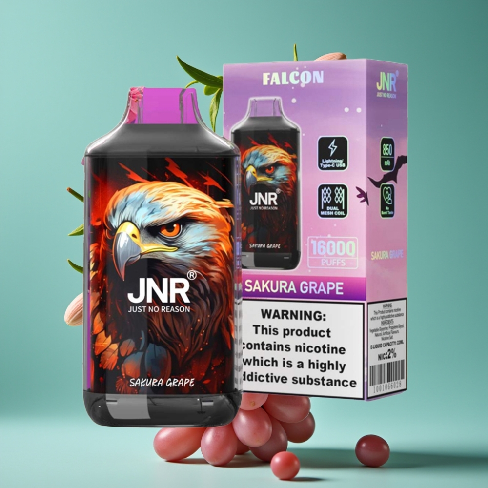 JNR Falcon 16000 Puffs Vape Jetable Cerisier Raisin – 22ml E-liquide, 850 mAh, Dual Mesh Coil, Affichage LED Intelligent, Type C & Lightning, 0%/2% Nicotine