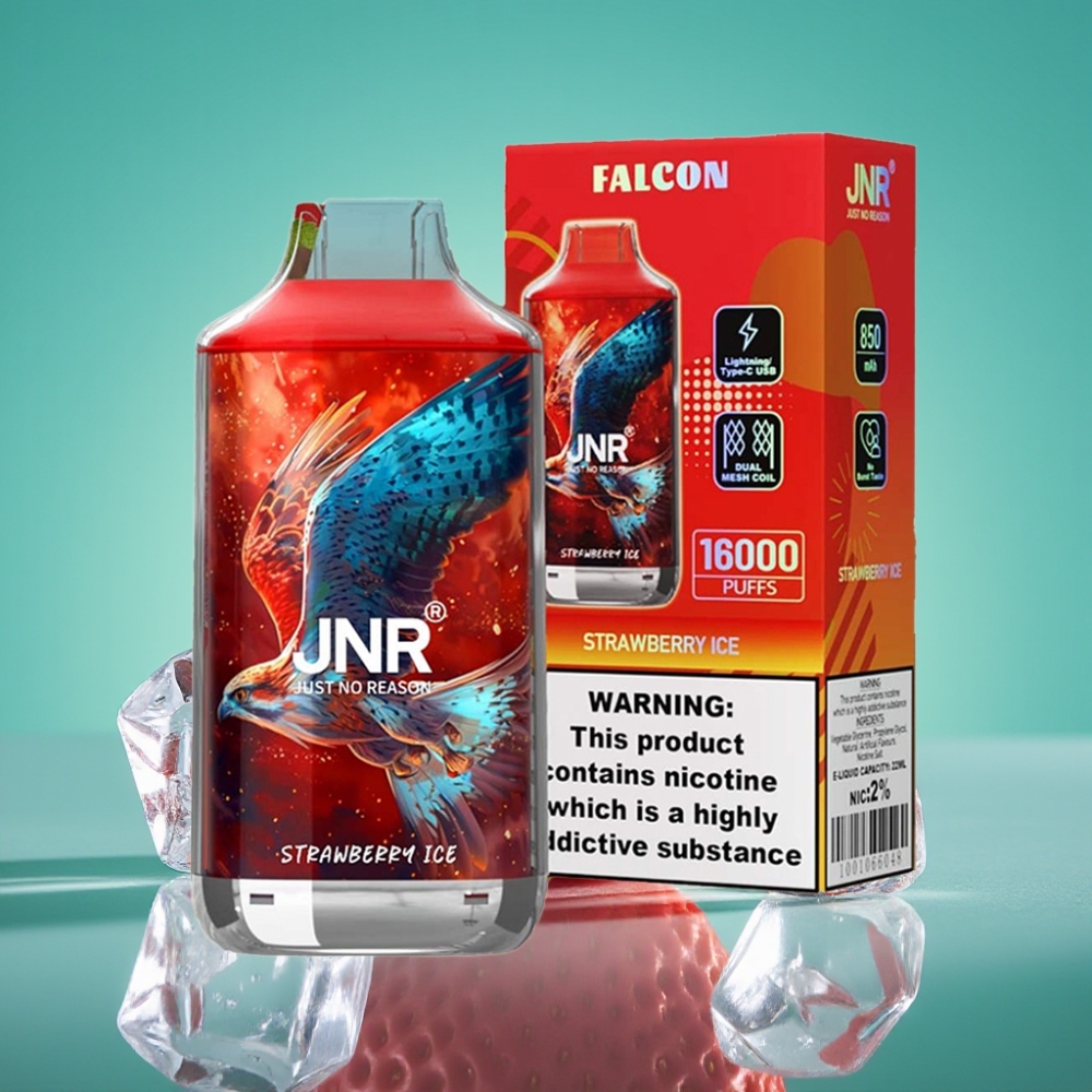 JNR Falcon 16000 Puffs Vape Jetable Fraise Glacée – 22ml / 850 mAh / Dual Mesh Coil / Type C & Lightning / Smart LED Display / 0%, 2% Nicotine