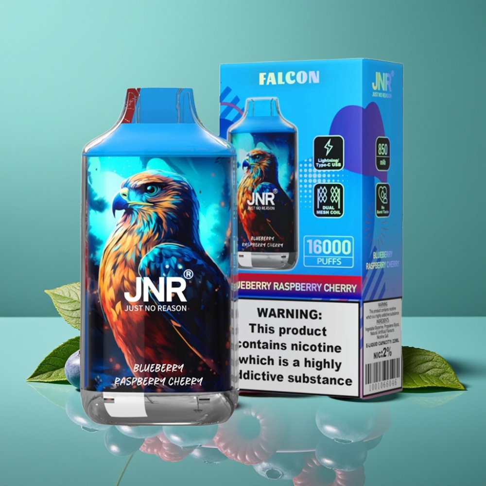 JNR Falcon 16000 Puffs Vape Jetable Myrtille Framboise Cerise - 850mAh, 22ml, Double Mesh Coil, Charge Type C & Lightning, Affichage LED Intelligent