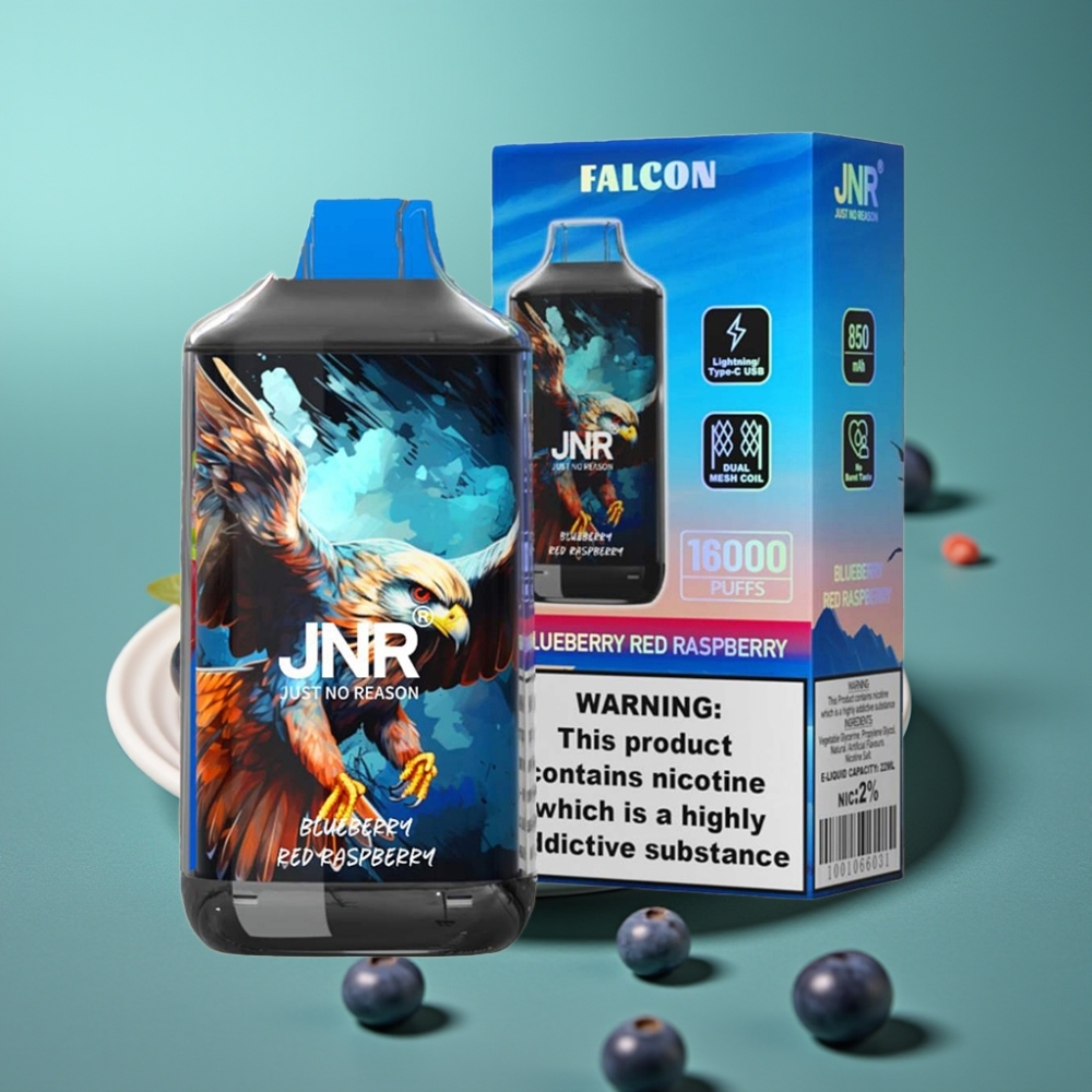 JNR Falcon 16000 Puffs Vape Jetable Myrtille Framboise Rouge – 22ml E-liquide, 850 mAh, Double Mesh Coil, Type C & Lightning, Écran LED Intelligent, 0%,2% Nicotine