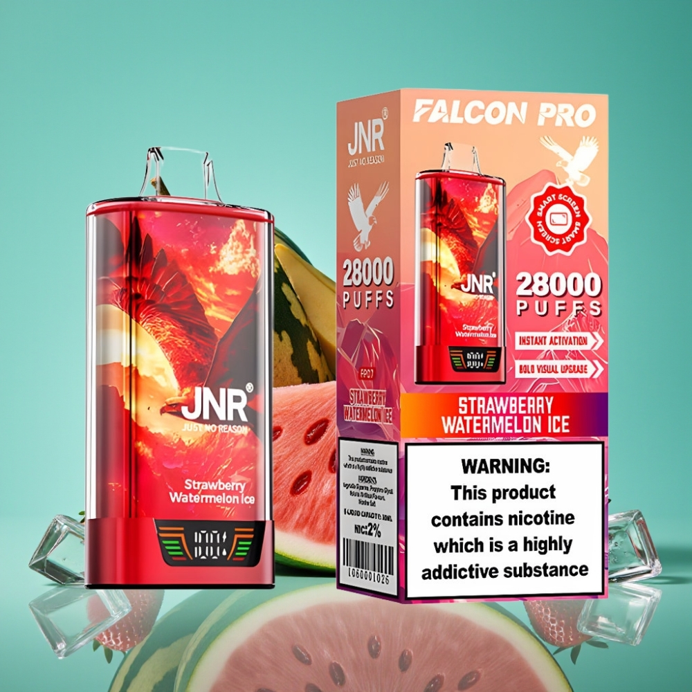 JNR Falcon Pro 28000 Vape Jetable Fraise Pastèque Glacée – 30ml, 28000 Puffs, 5% Nicotine, Smart Display, Dual Mesh Coil