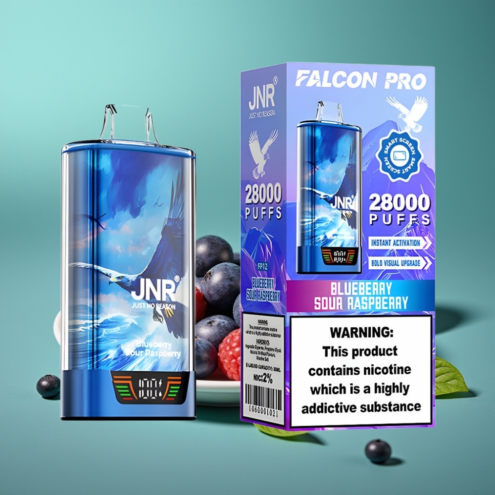JNR Falcon Pro 28000 Vape Jetable Myrtille Framboise Acidulée – 30ml, 950mAh, 28000 Puffs, 5% Nicotine, Écran Intelligent, Double Mesh Coil, USB Type-C, MTL