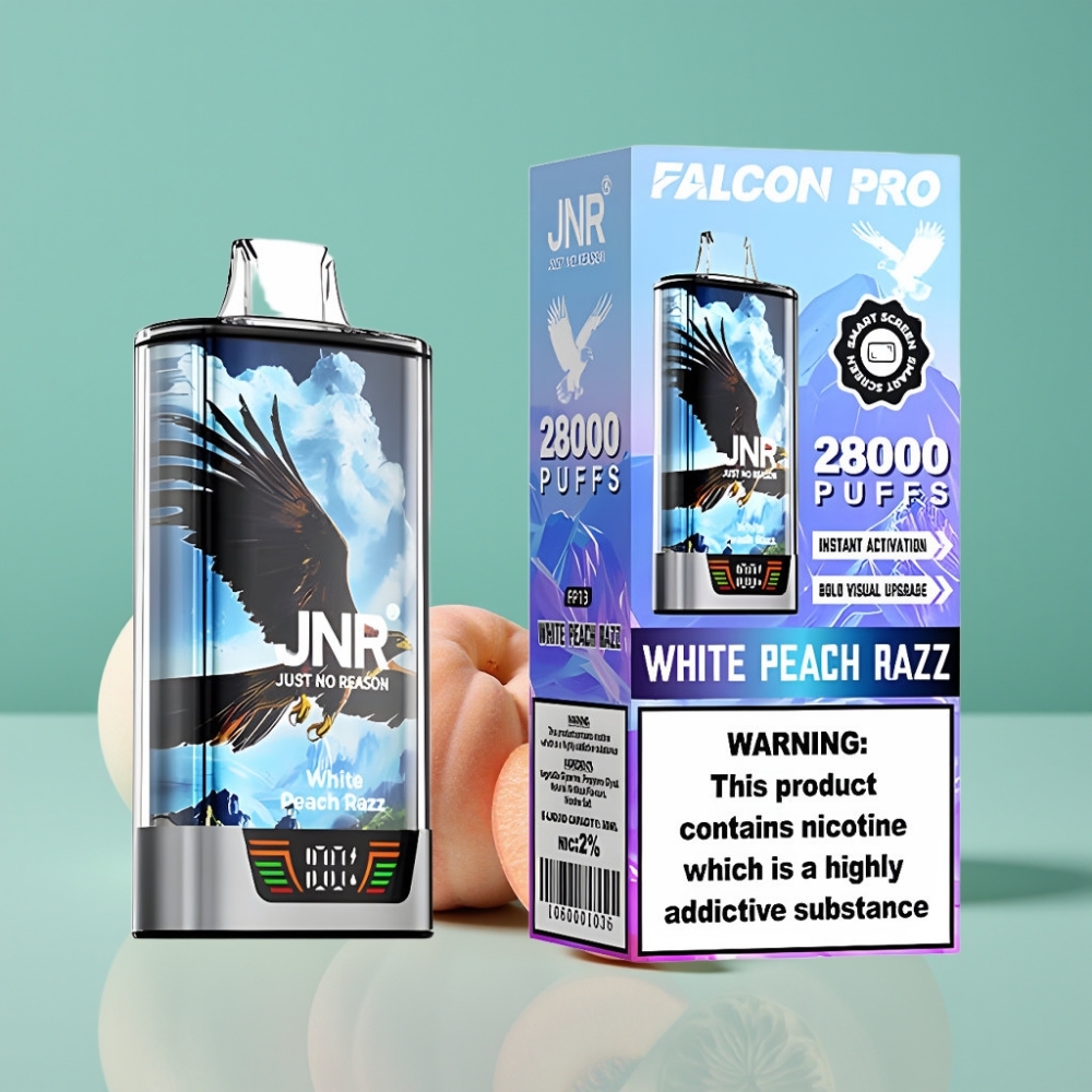 JNR Falcon Pro 28000 Vape Jetable Pêche Blanche Framboise – 30ml, 28000 Puffs, 5% Nicotine, Dual Mesh Coil, USB Type-C