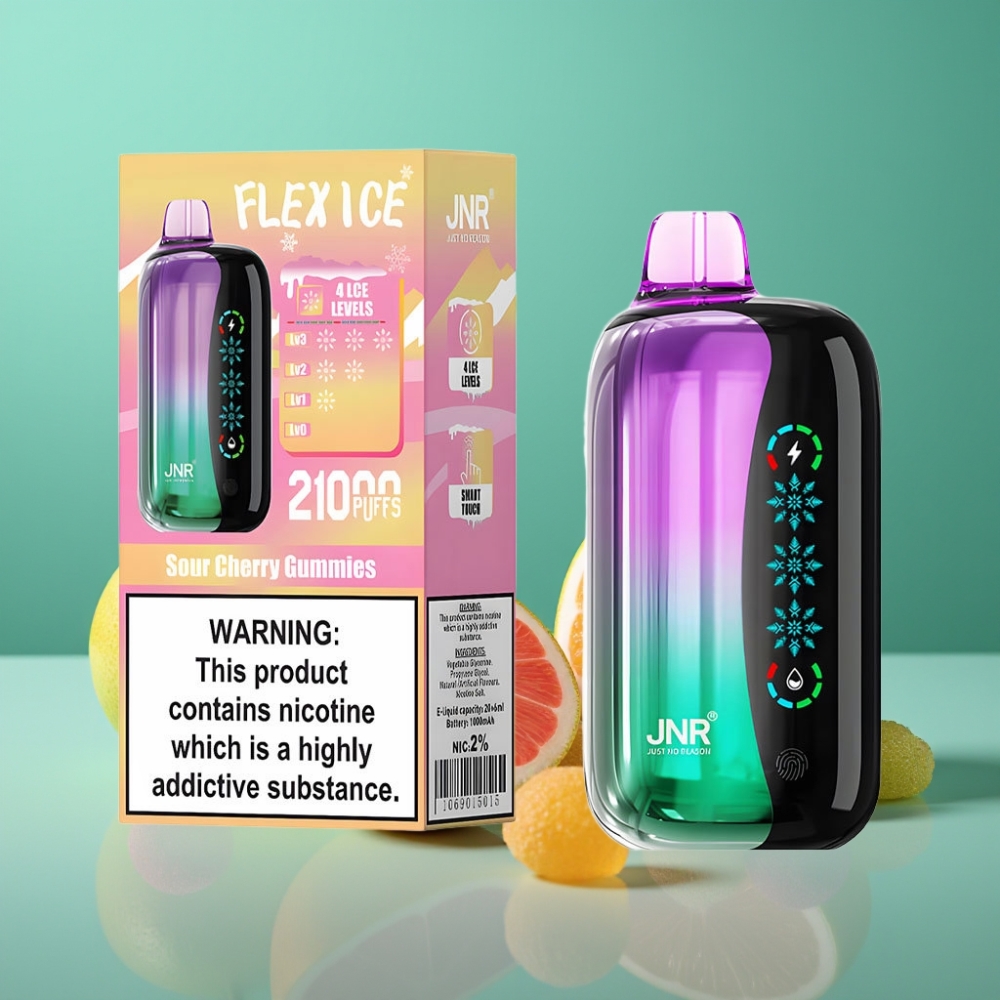 JNR Flex Ice 21000 Puffs Vape Jetable Bonbons Acidulés Cerise – Ice Adjustable, 26ml, Airflow Réglable, Écran Tactile, 1.2 Ohm Dual Mesh, 1000mAh, Port Type-C