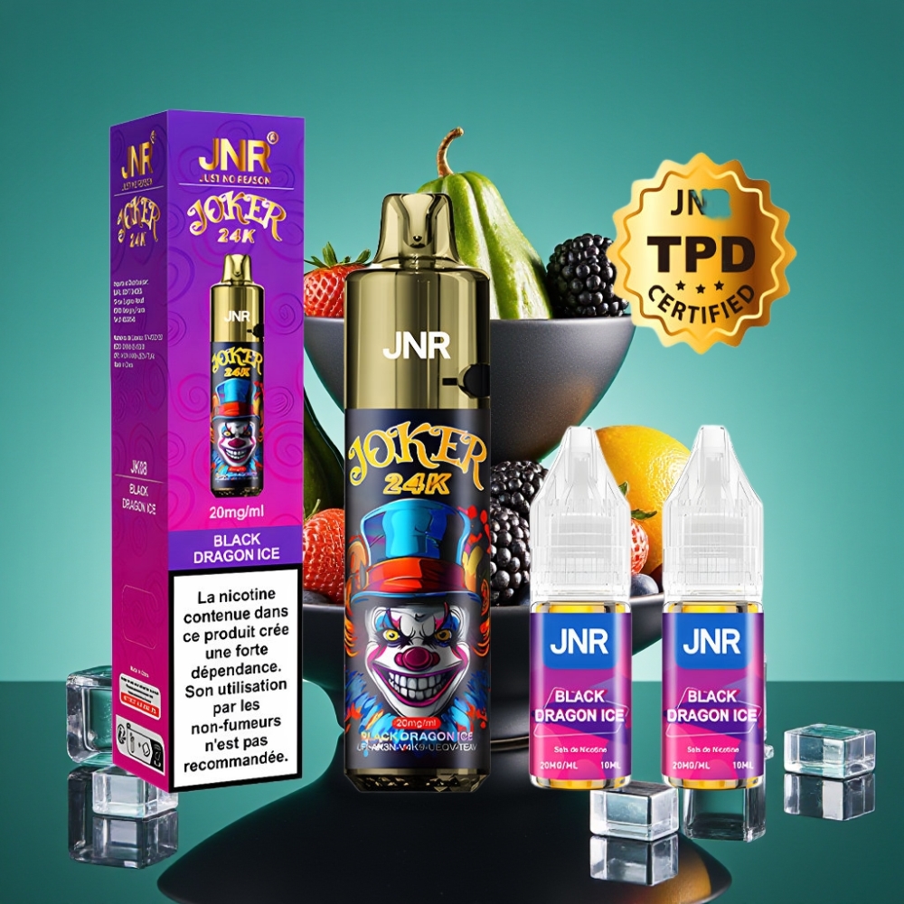 JNR Joker 24K Puffs Rechargeable 800mAh - Dragon Noir Glacé - Pod Rechargeable 2+10ml - 2% Nicotine - TPD Compliant