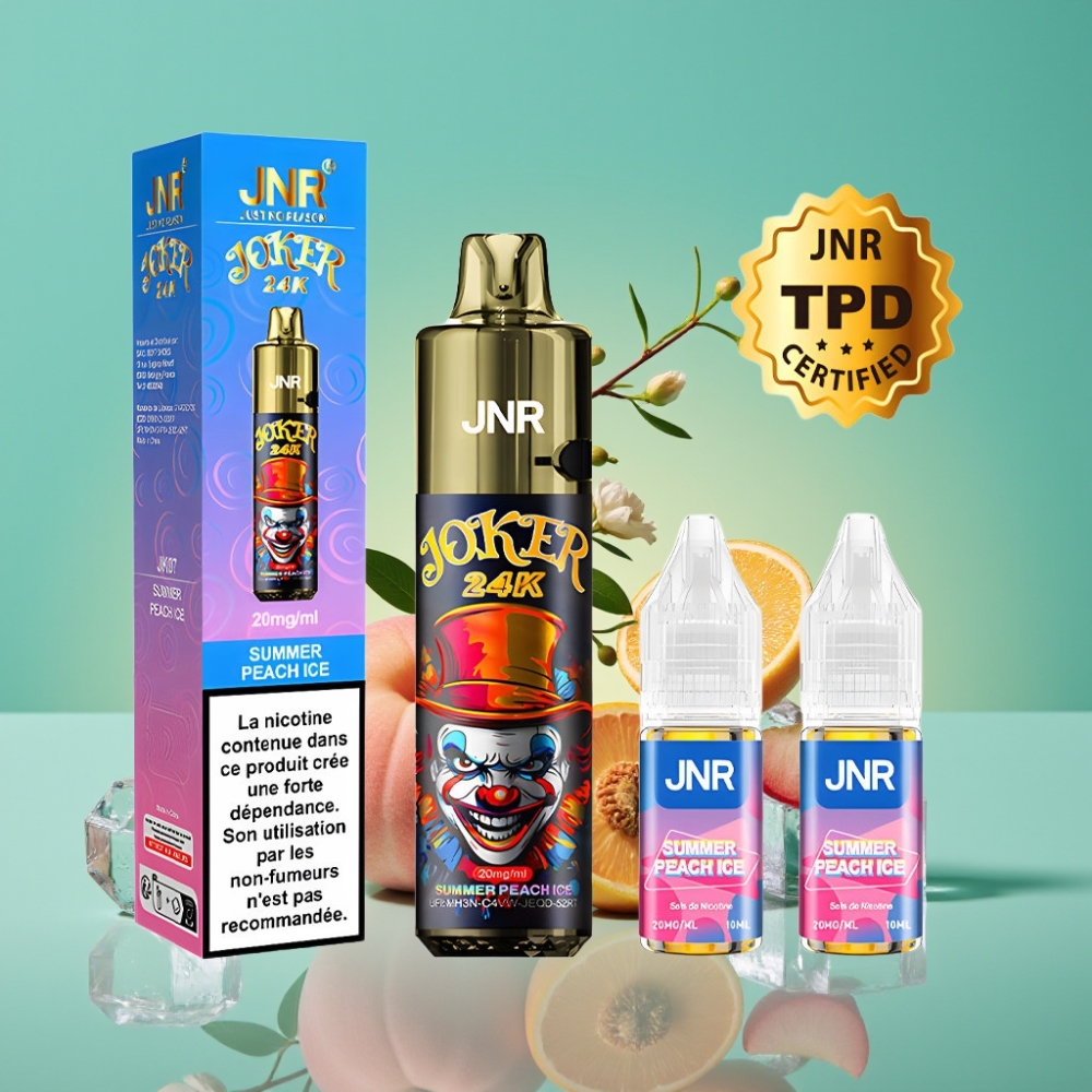 JNR Joker 24K Puffs Rechargeable 800mAh Type-C - Pêche Glacée d\'Été, 2% Nicotine, 2+10ml Pod Rafraîchissante, Niveau de Liquide Visible