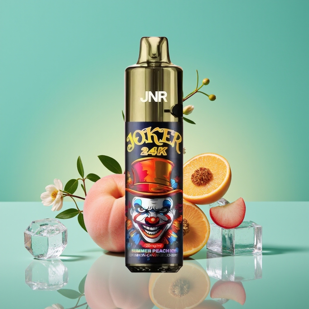 JNR Joker 24K Puffs Rechargeable 800mAh Type-C - Pêche Glacée d\'Été, 2% Nicotine, 2+10ml Pod Rafraîchissante, Niveau de Liquide Visible
