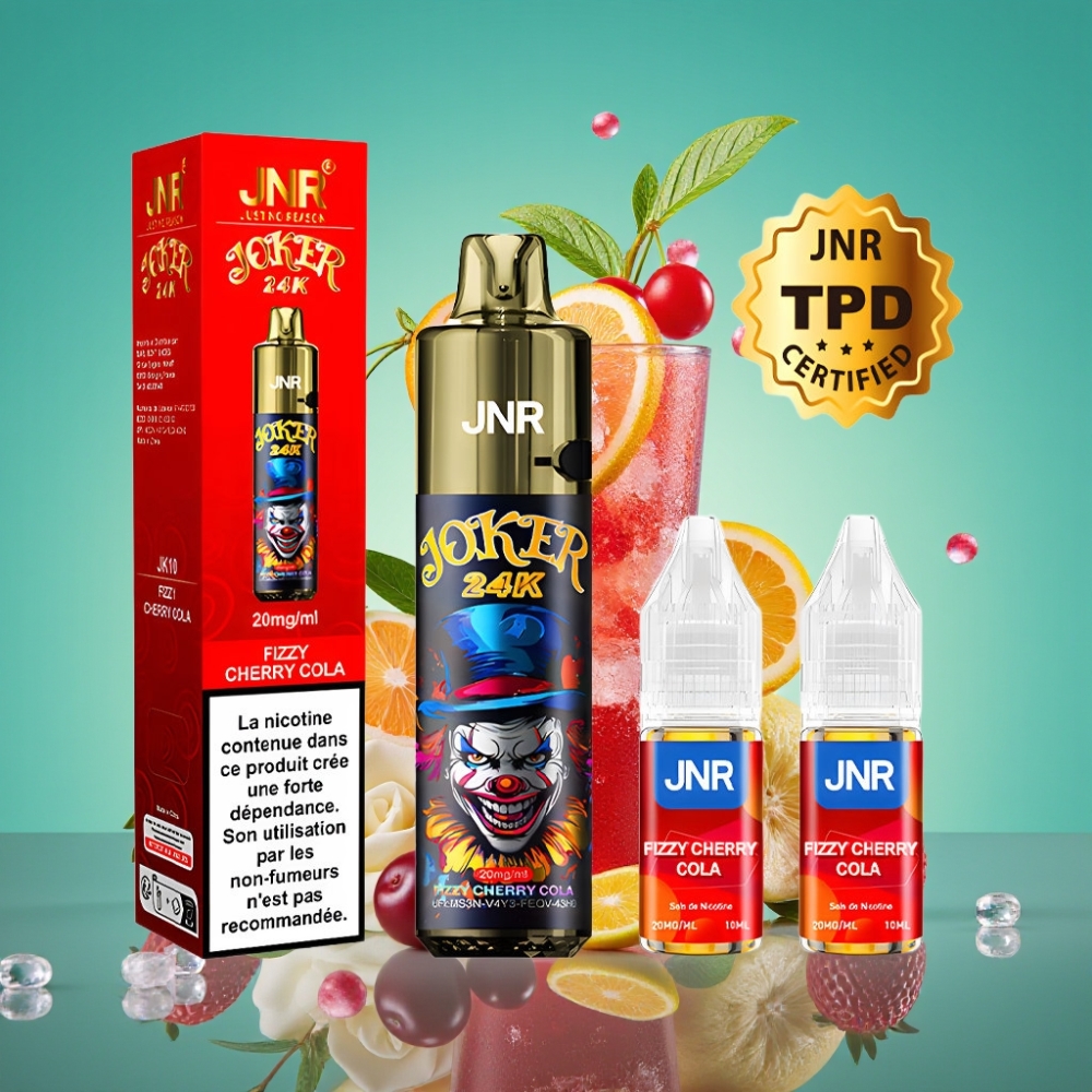 JNR Joker 24K Puffs Rechargeable Vape Jetable Cerise Cola Pétillante – 2+10ml Pod Rechargeable, 800mAh, Type-C, 2% Nicotine