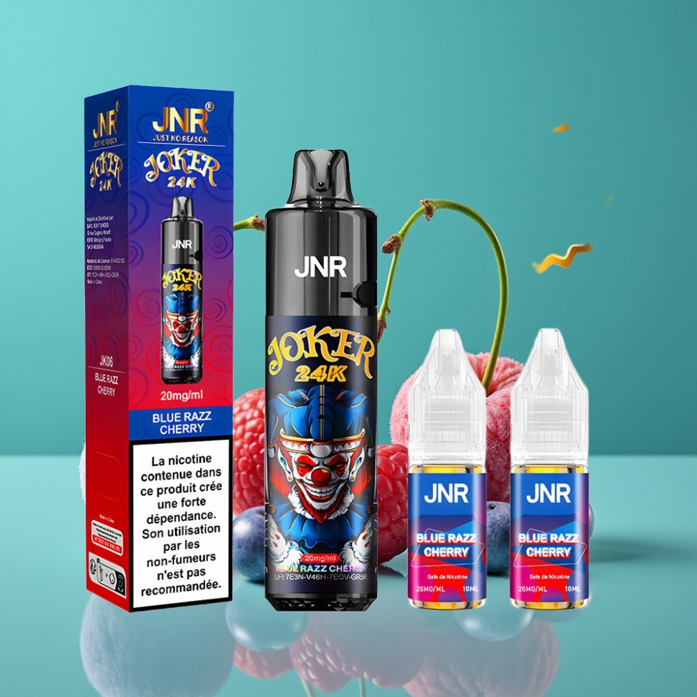 JNR Joker 24K Puffs Rechargeable Vape Jetable Myrtille Cerise avec Pod 2+10ml Rechargeable, Niveau de E-liquide Visible, Batterie 800mAh, 2% Nicotine
