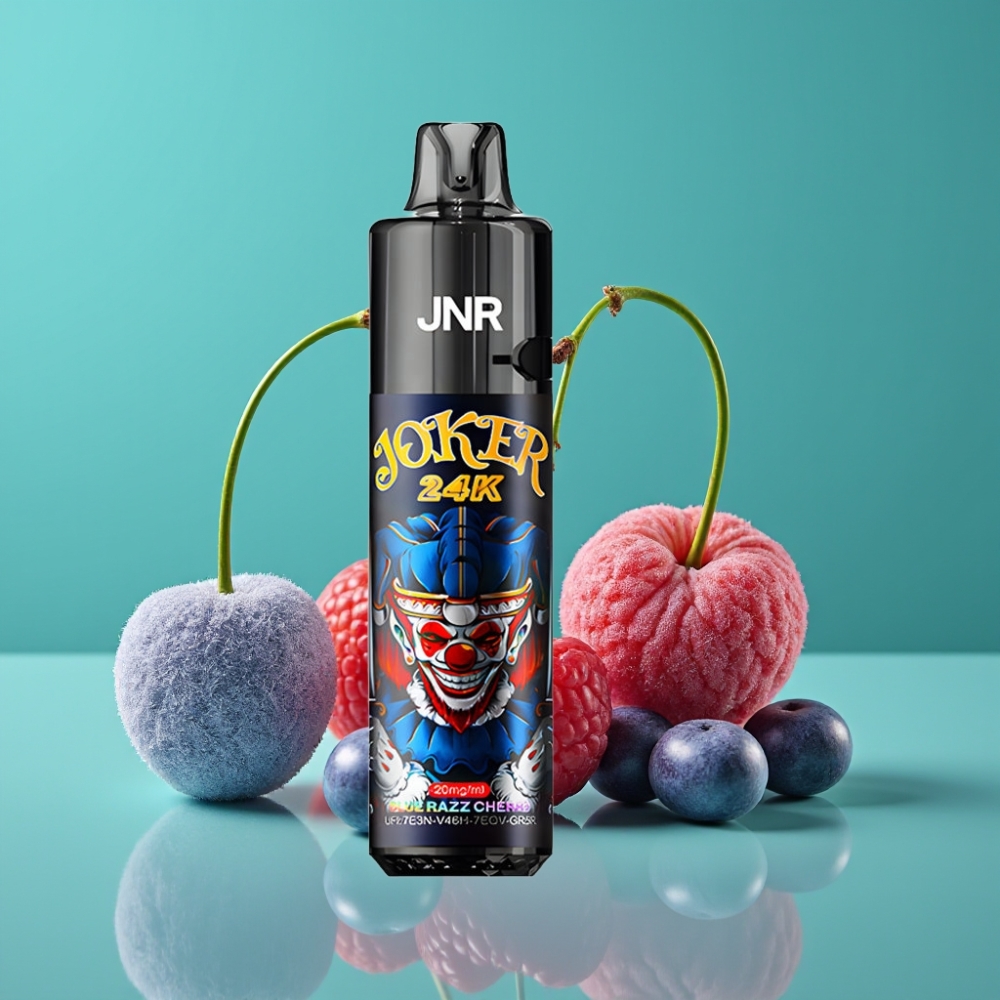 JNR Joker 24K Puffs Rechargeable Vape Jetable Myrtille Cerise avec Pod 2+10ml Rechargeable, Niveau de E-liquide Visible, Batterie 800mAh, 2% Nicotine