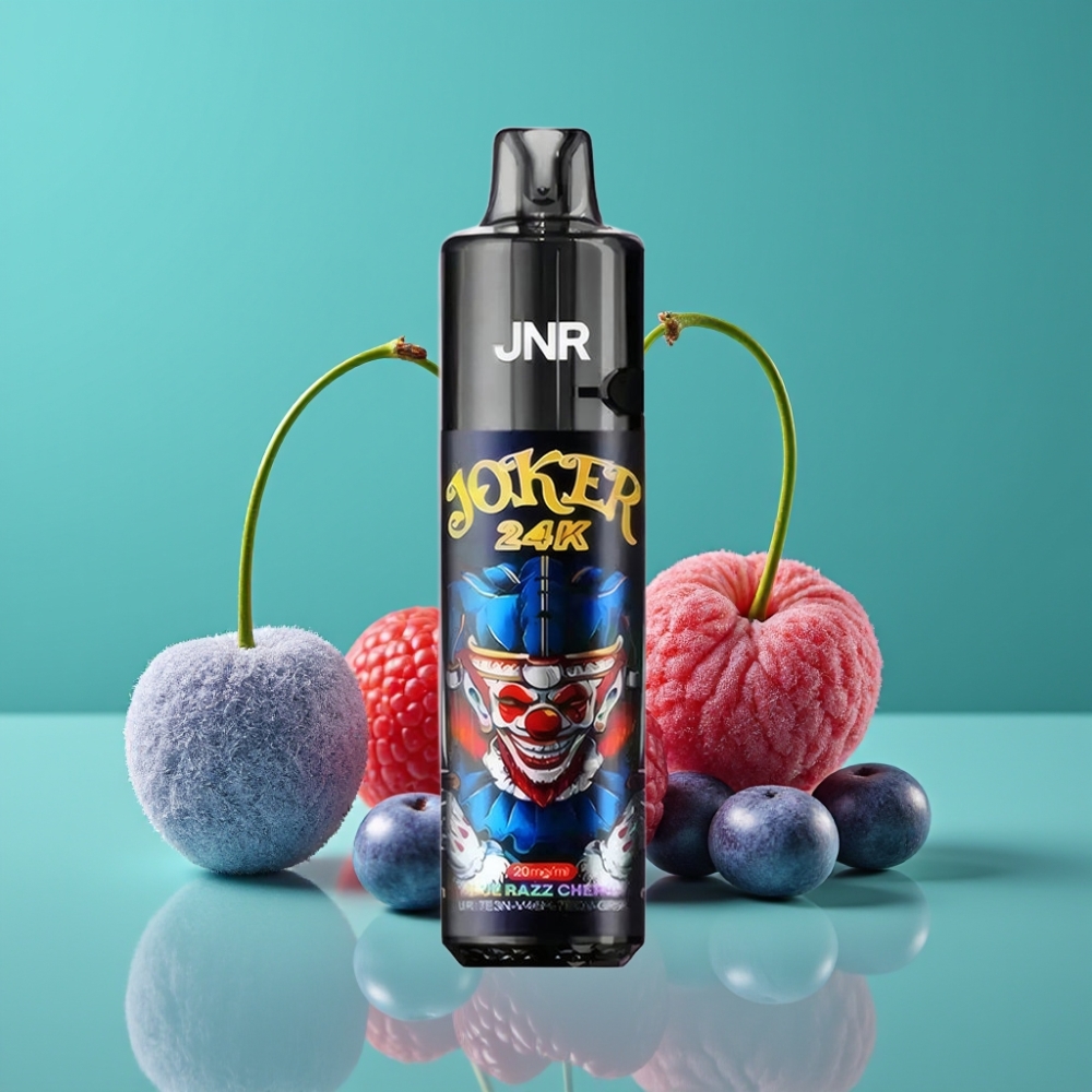 JNR Joker 24K Puffs Rechargeable Vape Jetable Myrtille Cerise avec Pod 2+10ml Rechargeable, Niveau de E-liquide Visible, Batterie 800mAh, 2% Nicotine