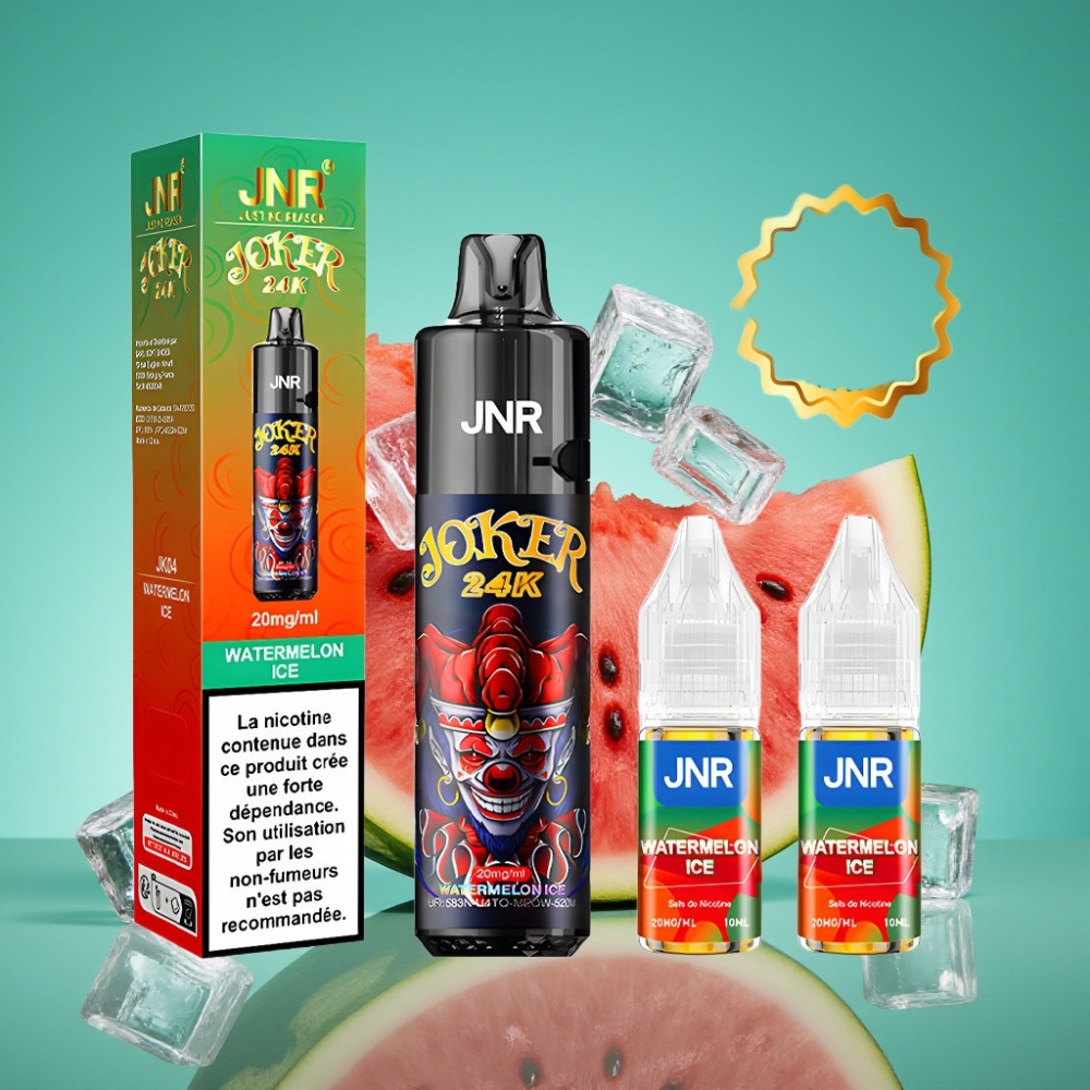 JNR Joker 24K Puffs Rechargeable Vape Jetable Pastèque Glacée - 10ml Refillable Pod, 800mAh Battery, Type-C Charging, 2% Nicotine