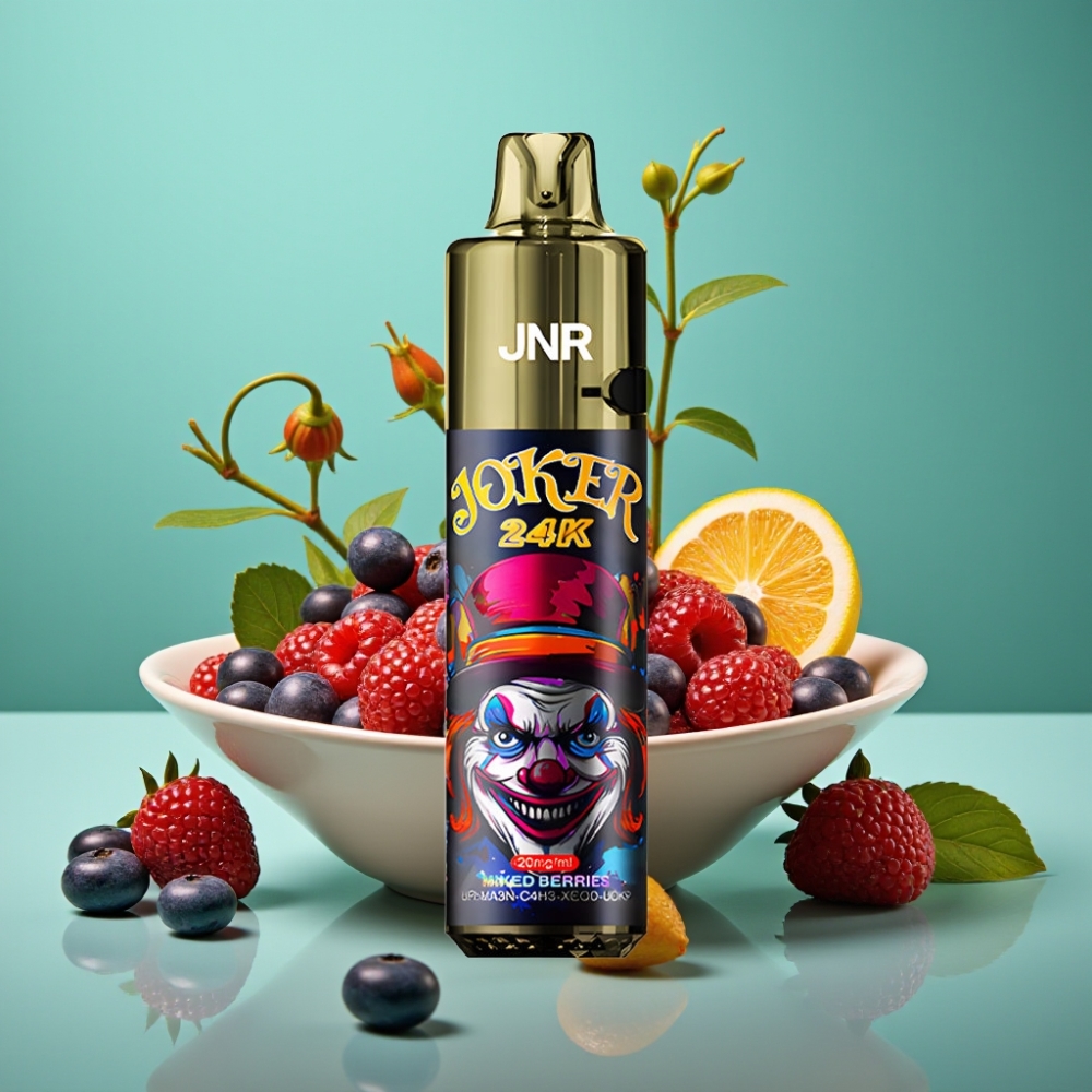 JNR Joker 24K Puffs Rechargeable avec Pods 2+10ml Rechargeable sur le Côté, Niveau de E-Liquide Visible, Batterie 800mAh, Lumières Colorées, Type-C, TPD, Baies Mixtes