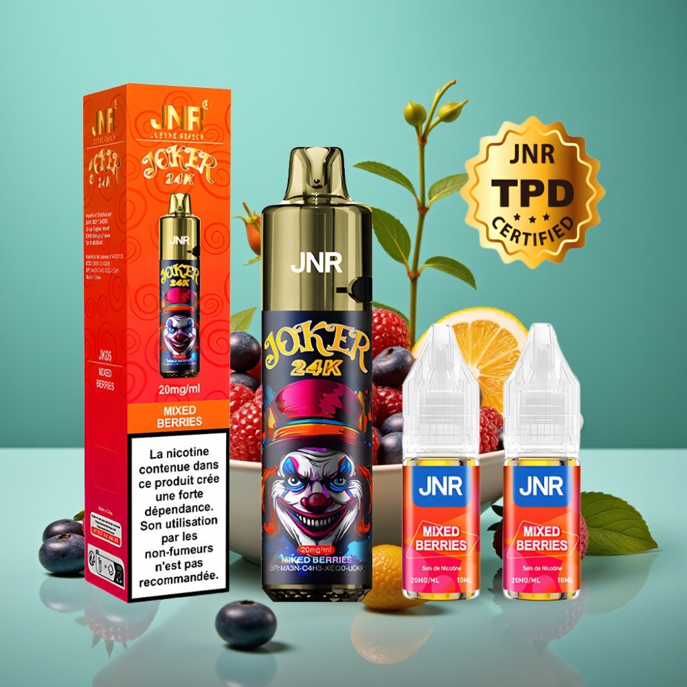 JNR Joker 24K Puffs Rechargeable avec Pods 2+10ml Rechargeable sur le Côté, Niveau de E-Liquide Visible, Batterie 800mAh, Lumières Colorées, Type-C, TPD, Baies Mixtes