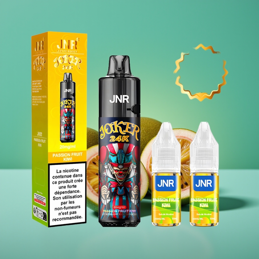 JNR Joker 24K Puffs Vape Jetable Fruit de la Passion Kiwi – 24000 Puffs, 2+10ml Pod Rechargeable, Batterie 800mAh, Lumière Respirante, Recharge Type-C
