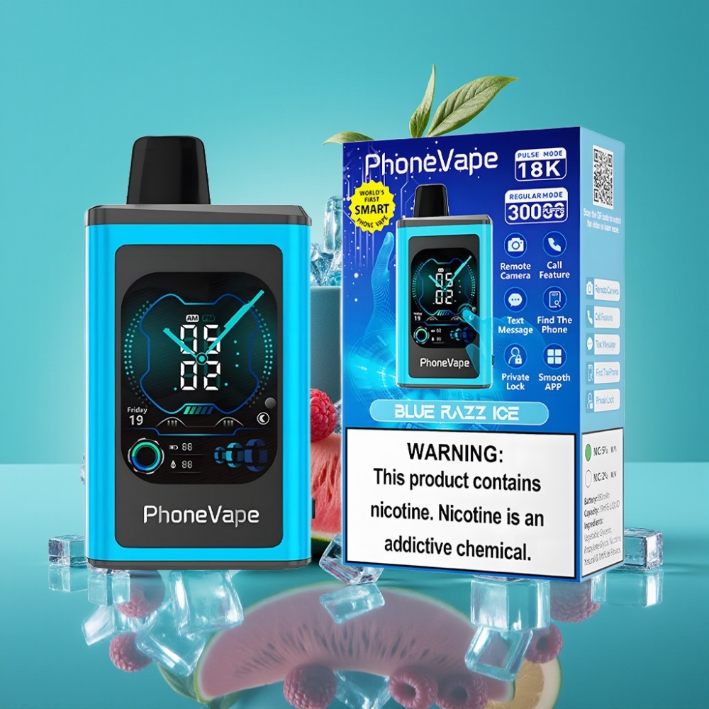 JNR PhoneVape 30000 bouffées Rechargeable Type-C 850mAh - Blue Razz Ice - Turbo Mode, App Control, Écran Complet, 2%/5% Nicotine