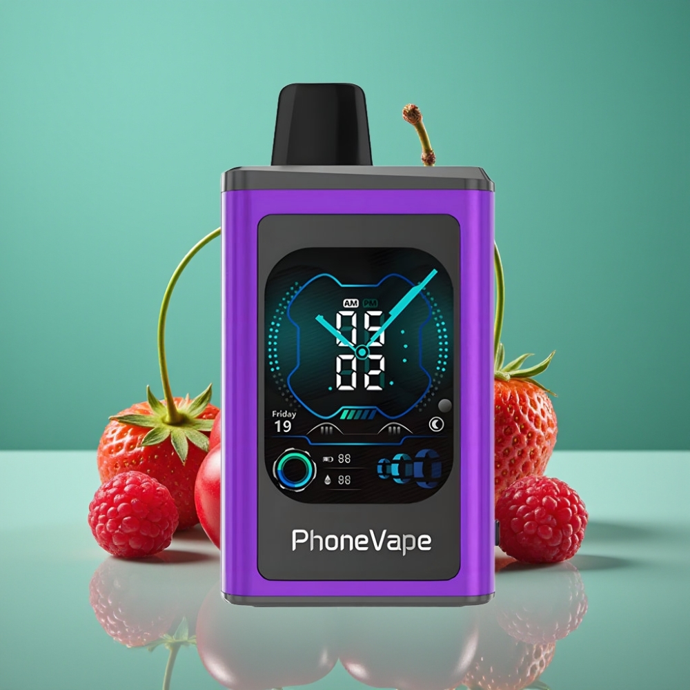 JNR PhoneVape 30000 bouffées Rechargeable Type-C avec Écran Complet et Turbo Mode - Cerise Fraise Framboise
